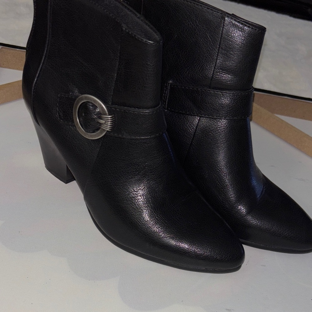 BareTraps Black Leather Ankle Booties with Silver Buckle